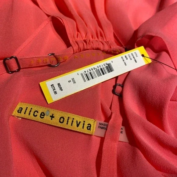NWT Alice + Olivia Hot Neon Pink 100% Silk Trapeze Hem Layered Dress shift Small